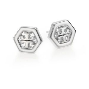 Tory Burch Hex-Logo Stud Earrings - Silver